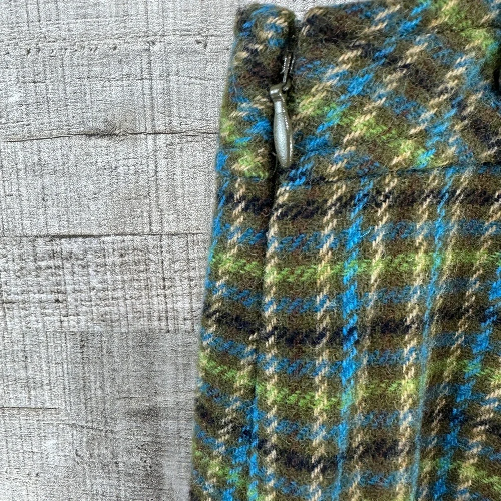 Talbots Petite Wool Blend Faux Wrap‎ Fringe Plaid Skirt Olive Blue Green 10P